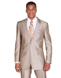Tan Groomsmen Suits Mens 2 Button Peak Lapel Shiny Sharkskin Suit In Tan