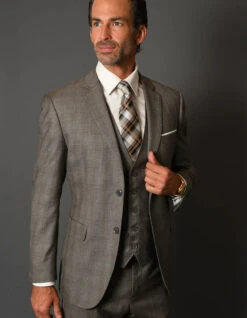Tan Groomsmen Suits Mens 2 Button Vested Modern Fit Wool Suit In Taupe Plaid