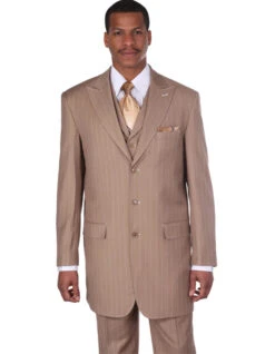 Tan Groomsmen Suits Mens 3 Button Peak Lapel Bold Pinstripe Gangster Suit In Tan