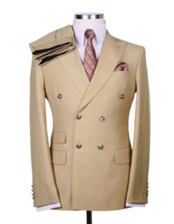 Tan Groomsmen Suits Mens Designer Modern Fit Double Breasted Wool Suit With Gold Buttons In Camel