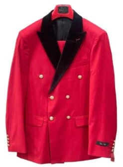 Men's Red Double-Breasted Wedding Tuxedo With Black Velvet Lapel And Gold Buttons - Christmas New Year Suit -Alberto Nardoni Shop ultrasuitimage