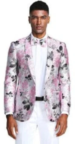 Mens Slim Fit Shawl Label Paisley Prom TuxedoPink And Black Jacket