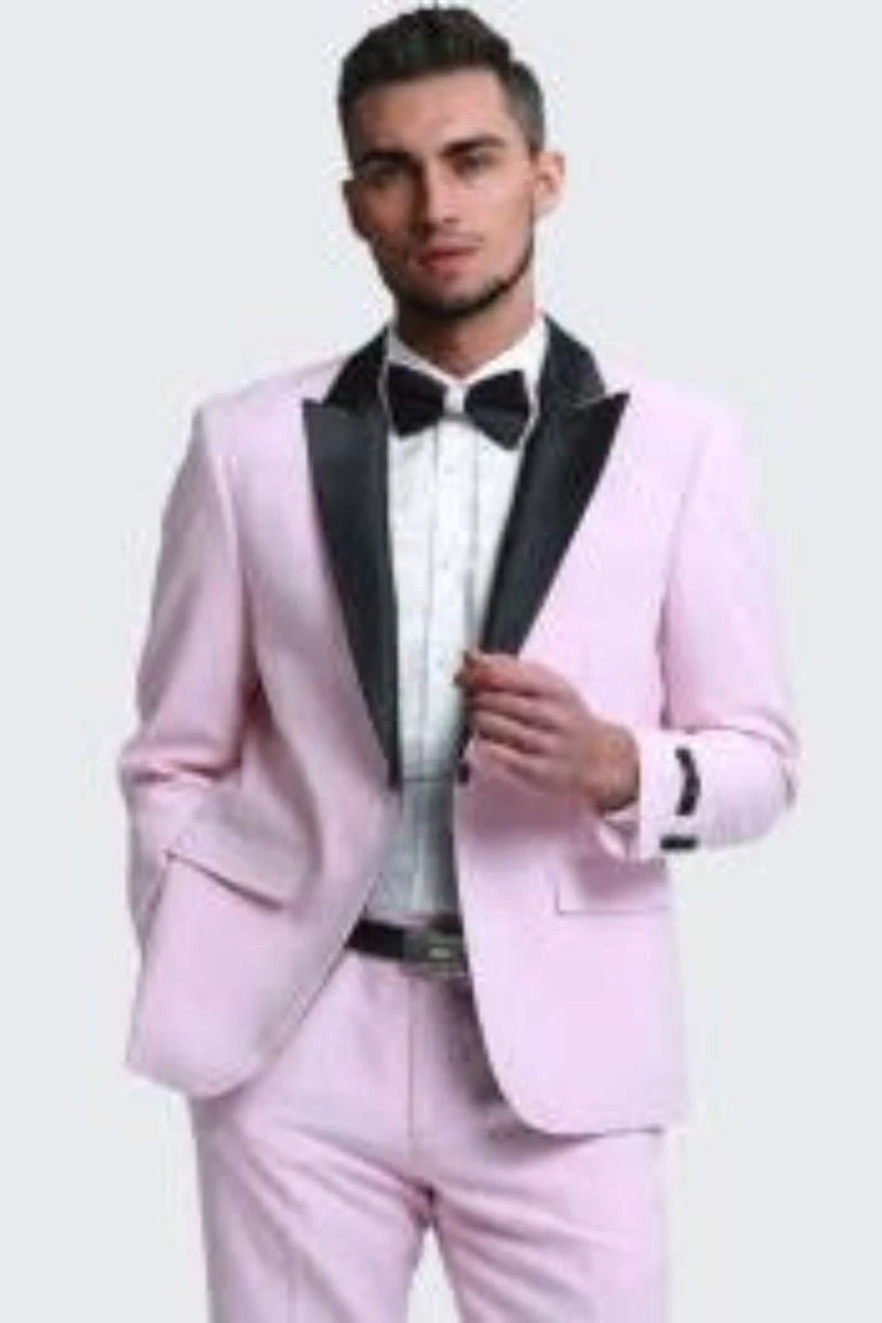 Mens Pink Tuxedo Slim Fit Peak Lapel With Button Chain 3 Piece Set 1 Mens Pink Tuxedo Slim Fit Peak Lapel With Button Chain 3 Piece Set