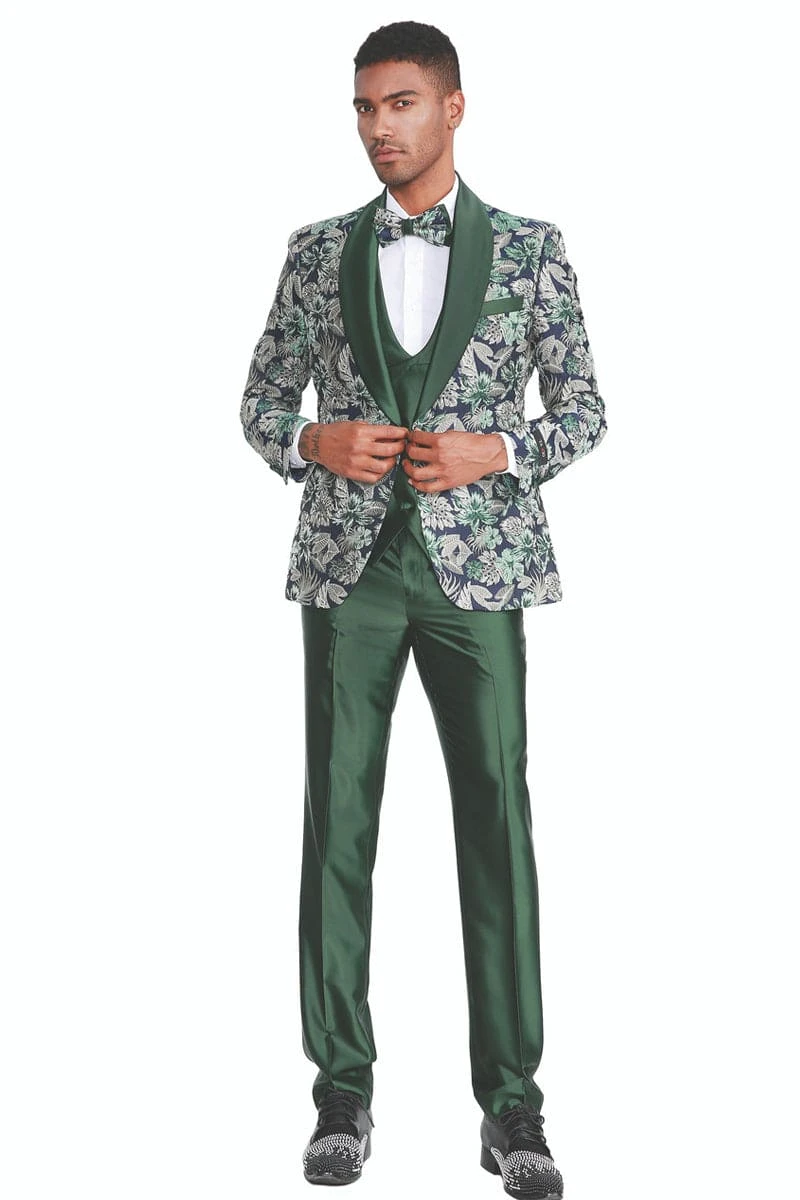 "Men's Slim Fit Paisley Shawl Lapel Tuxedo - One Button Vested Prom 2025 Suit In Hunter Green" 2 "Men's Slim Fit Paisley Shawl Lapel Tuxedo - One Button Vested Prom 2025 Suit In Hunter Green" - Image 2