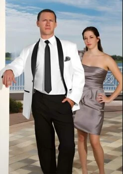 Mens White Dinner Jacket White With Dark Color Black Collared Shawl Collar Tuxedo Dinner Jacket With Dark Color Black Pants + Shirt & Dark Color Black T