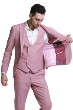 "Men's Slim Fit Wedding Suit - Mauve Pink Double Breasted Vest With Peak Lapel"