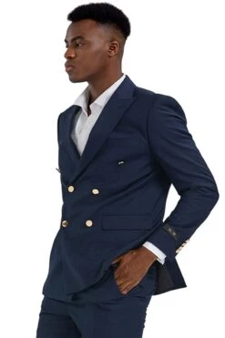 "NavyMen's Slim Fit Double Breasted Wedding Suit With Gold Buttons"